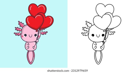 Cute Clipart Axolotl Illustration and For Coloring Page. Cartoon Salamander Illustration. Vector Illustration of a Kawaii Animal for Stickers, Baby Shower, Coloring Pages, Prints for Clothes.
