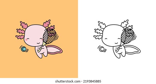 Cute Clipart Axolotl Sportsman Illustration and For Coloring Page. Cartoon Salamander Sportsman. Vector Illustration of a Kawaii Animal for Stickers, Baby Shower, Coloring Pages, Prints for Clothes.
 svg