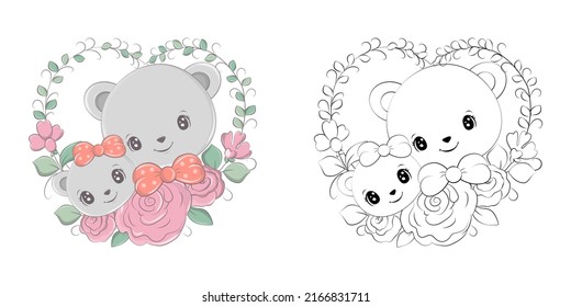 Cute Clipart Bear Illustration and For Coloring Page. Cartoon Clip Art Family of Bears on a Floral Background. Vector Illustration of an Animal for Stickers, Coloring Pages, Prints for Clothes.  svg