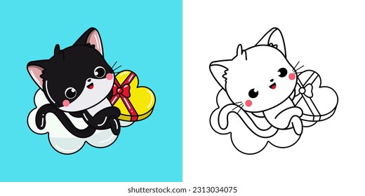 Cute Clipart Black Cat Illustration and For Coloring Page. Cartoon Cat Illustration. Vector Illustration of a Kawaii Animal for Stickers, Baby Shower, Coloring Pages, Prints for Clothes.

