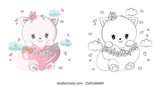 Cute Clipart Cat Illustration and For Coloring Page. Clip Art Cat with a Sick Heart in its Paws. Illustration of an Animal for Coloring Pages, Stickers, Baby Shower, Prints for Clothes. 