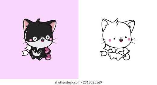 Cute Clipart Cat Illustration and For Coloring Page. Cartoon Kitty Illustration. Vector Illustration of a Kawaii Animal for Stickers, Baby Shower, Coloring Pages, Prints for Clothes.
