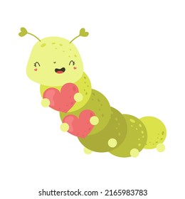 Cute Clipart Caterpillar Illustration in Cartoon Style. Cartoon Clip Art Caterpillar with Hearts. Vector Illustration of an Animal for Stickers, Baby Shower Invitation, Prints for Clothes. 