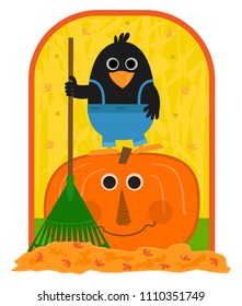 Cute clip-art of a crow holding a rake and standing on a smiling pumpkin. Eps10