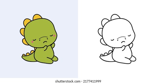 Cute Clipart Dino Illustration and For Coloring Page. Cartoon Clip Art Dinosaur. Vector Illustration of a Kawaii Animal for Stickers, Baby Shower, Coloring Pages, Prints for Clothes. 