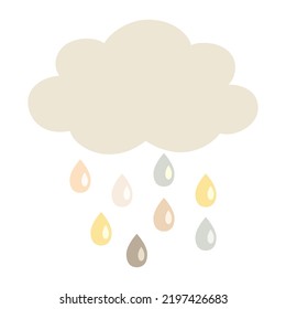 Cute clipart elements of rain cloud with raindrops in neutral, Autumn colours, isolated on white background. Scandinavian, Boho design. Thanksgiving, Fall, celebration,baby shower, nursery decoration.