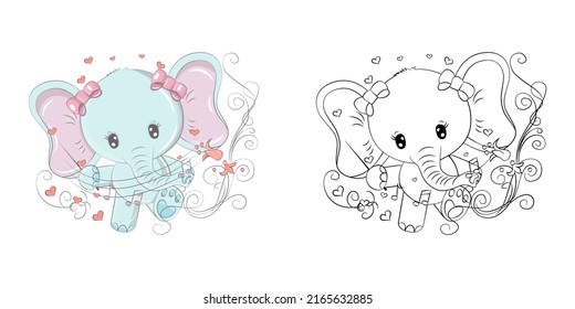 Cute Clipart Elephant Illustration and For Coloring Page. Cartoon Clip Art Elephant Musician. Vector Illustration of an Animal for Stickers, Baby Shower, Coloring Pages, Prints for Clothes