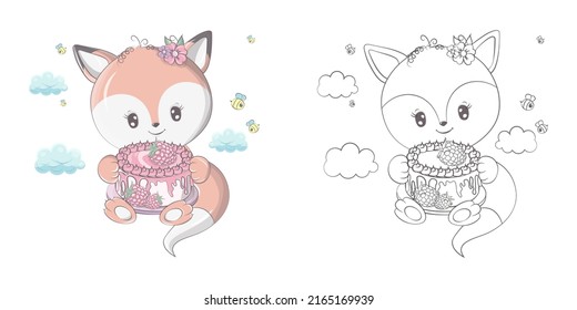 Cute Clipart Fox Illustration and For Coloring Page. Clip Art Fox with Raspberry Birthday Cake. Vector illustration of a Forest Animal for , Stickers, Baby Shower, Coloring Pages, Prints for Clothes. 