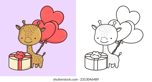 Cute Clipart Giraffe Illustration and For Coloring Page. Cartoon Mammal Illustration. Vector Illustration of a Kawaii Animal for Stickers, Baby Shower, Coloring Pages, Prints for Clothes.
