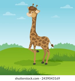 Lindo clipart con una jirafa. Ilustración vectorial de un animal lindo. Ilustración linda de la pequeña jirafa para los niños, libro de los niños, cuentos de hadas, cubierta, alfabeto