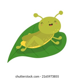 Cute Clipart Grasshopper Illustration in Cartoon Style. Cartoon Clip Art Grasshopper on a Leaf. Vector Illustration of an Insect for Stickers, Baby Shower , Coloring Pages, Prints for Clothes. 