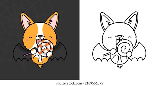 Cute Clipart Halloween Corgi Dog Illustration and For Coloring Page. Cartoon Clip Art Halloween Puppy. Cute Vector Illustration of a Kawaii Halloween Animal Character in a Vampire Costume.
