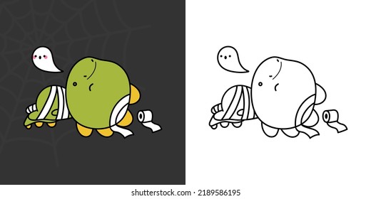 Cute Clipart Halloween Dinosaur Illustration And For Coloring Page. Cartoon Clip Art Halloween T Rex. Cute Vector Illustration Of A Kawaii Halloween Dino In Mummy Costume.
