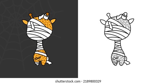 Cute Clipart Halloween Giraffe Illustration and For Coloring Page. Cartoon Clip Art Halloween Character. Cute Vector Illustration of a Kawaii Halloween Animal in Mummy Costume.
