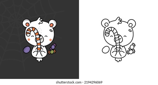 Cute Clipart Halloween Polar Bear Illustration And For Coloring Page. Cartoon Halloween Animal. Cute Vector Illustration Of A Kawaii Halloween Bear With Sweets.
