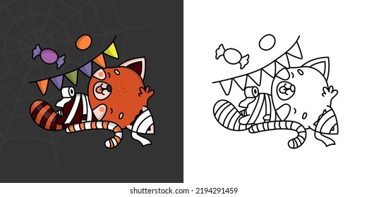 Cute Clipart Halloween Red Panda Illustration y For Coloring Page. Animales de Halloween con dibujos animados. Ilustración vectorial de un animal Kawaii de Halloween con disfraz momia.
