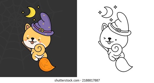 Cute Clipart Halloween Shiba Inu Illustration and For Coloring Page. Cartoon Clip Art Halloween Dog. Vector llustration of Halloween Kawaii Dog in Witch Costume.
