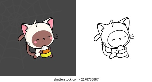 Cute Clipart Halloween Siamese Cat Illustration and For Coloring Page. Cartoon Halloween Kitten. Cute Vector Illustration of a Kawaii Halloween Animal with Sweets.
