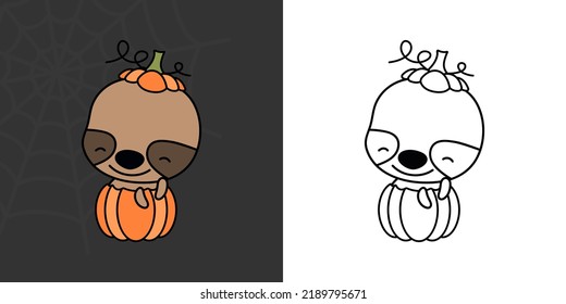 Cute Clipart Halloween Sloth Illustration and For Coloring Page. Cartoon Clip Art Halloween Animal. Cute Vector Illustration of a Kawaii Halloween Character Inside a Pumpkin.
