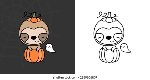 Cute Clipart Halloween Sloth Illustration and For Coloring Page. Cartoon Clip Art Halloween Animal. Cute Vector Illustration of a Kawaii Halloween Animals Inside a Pumpkin.
