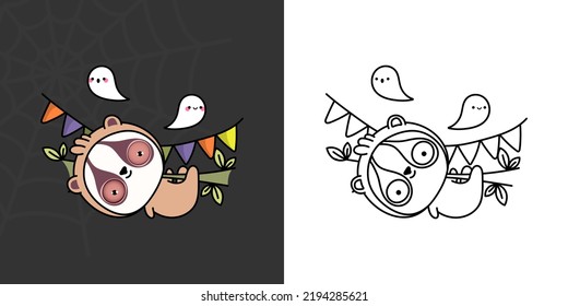 Cute Clipart Halloween Slow Loris Illustration and For Coloring Page. Cartoon Clip Art Halloween Animal. Cute Vector Illustration of a Kawaii Animals for Halloween Stickers.
