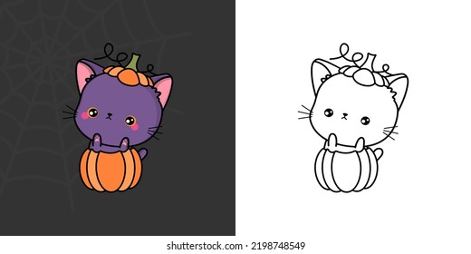 Cute Clipart Halloween Violet Cat Illustration and For Coloring Page. Cartoon Clip Art Halloween Kitten. Cute Vector Illustration of a Kawaii Halloween Animal Inside a Pumpkin.
