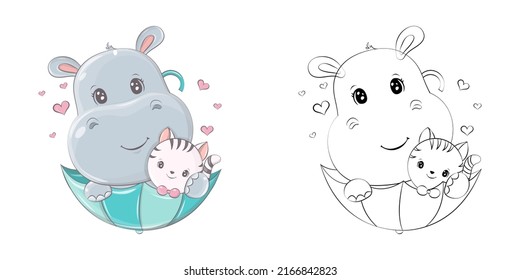 Cute Clipart Hippo Illustration and For Coloring Page. Cartoon Clip Art Hippo in an Umbrella with a Kitten. Vector Illustration of an Animal for Stickers, Coloring Pages, Prints for Clothes. 