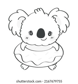 Cute Clipart Koala Bear Black and White Illustration in Cartoon Style. Cartoon Clip Art Coloring Page Koala in a Lifeline. Vector Illustration of an Animal for Stickers, Baby Shower Invitation.  svg