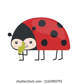 Cute Clipart Ladybug Illustration in Cartoon Style. Cartoon Clip Art Ladybug Eats a Leaf. Vector Illustration of an Animal for Stickers, Baby Shower Invitation, Prints for Clothes. 