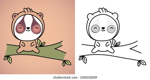 Cute Clipart Loris Illustration and For Coloring Page. Cartoon Clip Art Slow Loris. Vector Illustration of a Kawaii Animal for Stickers, Baby Shower, Coloring Pages, Prints for Clothes.
