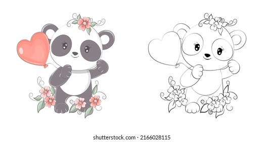 Cute Clipart Panda Illustration and For Coloring Page. Cartoon Clip Art Panda with Balloon. Vector Illustration of an Animal for Stickers, Baby Shower, Coloring Pages, Prints for Clothes. 