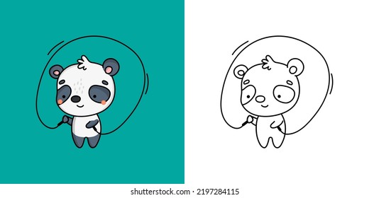 Cute Clipart Panda Sportsman Illustration and For Coloring Page. Cartoon Panda Bear Sportsman. Vector Illustration of a Kawaii Animal for Stickers, Baby Shower, Coloring Pages. svg