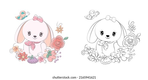 Cute Clipart Rabbit Illustration and For Coloring Page. Cartoon Clip Art Rabbit Surrounded by Flowers. Vector Illustration of an Animal for Stickers, Baby Shower, Coloring Pages, Prints for Clothes. 