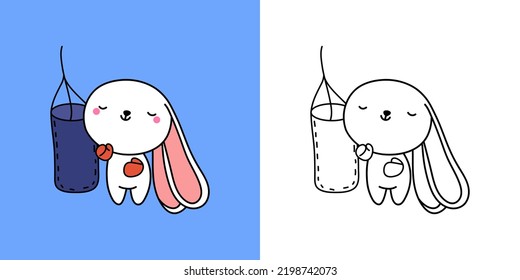Cute Clipart Rabbit Sportsman Illustration and For Coloring Page. Cartoon Bunny Athlete. Vector Illustration of a Kawaii Animal for Stickers, Baby Shower, Coloring Pages, Prints for Clothes.
