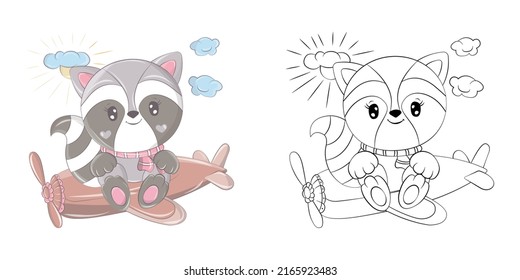 Cute Clipart Raccoon Illustration and For Coloring Page. Cartoon Clip Art Raccoon Sits on a Toy Plane. Vector Illustration of an Animal for Stickers, Baby Shower, Coloring Pages, Prints for Clothes.  svg