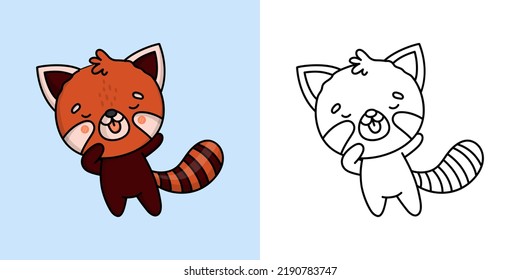 Cute Clipart Red Panda Illustration and For Coloring Page. Cartoon Clip Art Animal. Vector Illustration of a Kawaii Red Panda for Stickers, Baby Shower, Coloring Pages, Prints for Clothes.
