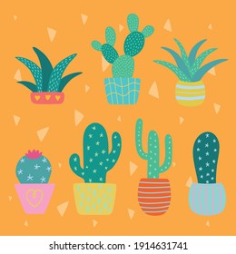 cute clip-art set of cactuses and succulents in pots for web design, postcards, printing, typography, stickers in cartoon style