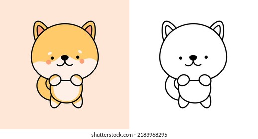 Cute Clipart Shiba Inu Illustration and For Coloring Page.  Cartoon Clip Art Shiba Dog. Vector Illustration of a Kawaii Shiba Inu Puppy for Stickers, Baby Shower, Coloring Pages, Prints for Clothes.
