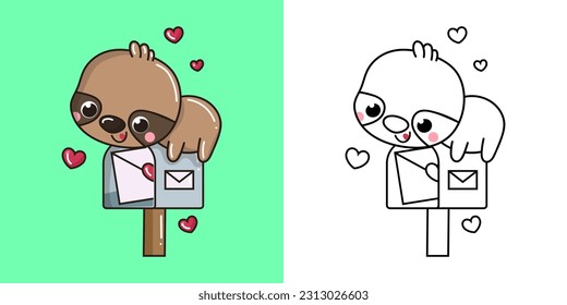 Cute Clipart Sloth Illustration and For Coloring Page. Cartoon Mammal Illustration. Vector Illustration of a Kawaii Animal for Stickers, Baby Shower, Coloring Pages, Prints for Clothes.
