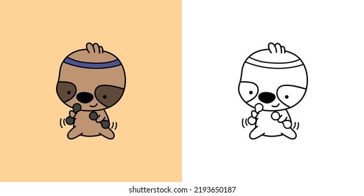 Cute Clipart Sloth Sportsman Illustration and For Coloring Page. Cartoon Animal Sportsman. Vector Illustration of a Kawaii Animal for Stickers, Coloring Pages, Prints for Clothes.
