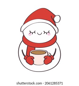 Cute clipart snowman. Christmas snowman with a cup of coffee in hand. Christmas illustration for kids’ activity t shirt print, icon, logo, label, patch or stickers.