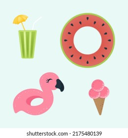 Cute Clipart Summer Elements Illustration in Cartoon Style. Adorable Clip Art Summer Elements. Vector Illustration of Elements for Stickers, Prints for Clothes, Baby Shower Invitation. 