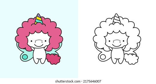 Cute Clipart Unicorn Illustration and For Coloring Page. Cartoon Clip Art Unicorn. Vector Illustration of a Kawaii for Stickers, Baby Shower, Coloring Pages, Prints for Clothes.  svg