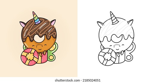 Cute Clipart Unicorn Illustration and For Coloring Page. Cartoon Clip Art Unicorn Donut. Vector Illustration of a Kawaii Animal for Stickers, Baby Shower, Coloring Pages, Prints for Clothes.
 svg
