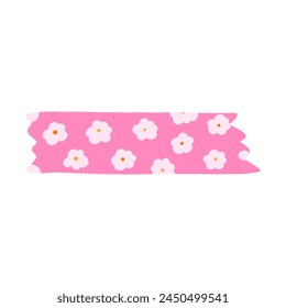 Cute clipart of washi tape stripe with flower pattern. Adhesive tape with colorful simple ornament. Aesthetic decorative scotch tape with ragged edges for scrapbook, planner, notebook, craft