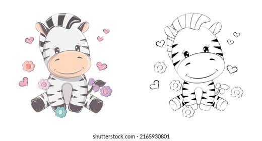 Cute Clipart Zebra Illustration and For Coloring Page. Cartoon Clip Art Zebra with Flowers and Hearts. Vector Illustration of an Animal for Stickers, Baby Shower, Coloring Pages, Prints for Clothes.  svg