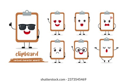 cute clipboard cartoon with many expressions. notepad different activity pose vector illustration flat design set with sunglasses.