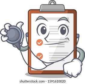 Cute clipboard Scroll cartoon character in a Doctor with tools