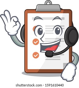 cute clipboard Scroll cartoon character design wearing headphone