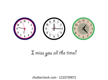 cute clock card vector. i miss you all the time greeting card with clock graphic.